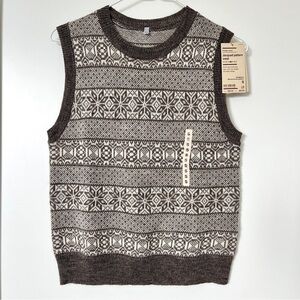 NEW MUJI Womens 100% Andes Wool Jacquard Vest Mocha Brown Size S